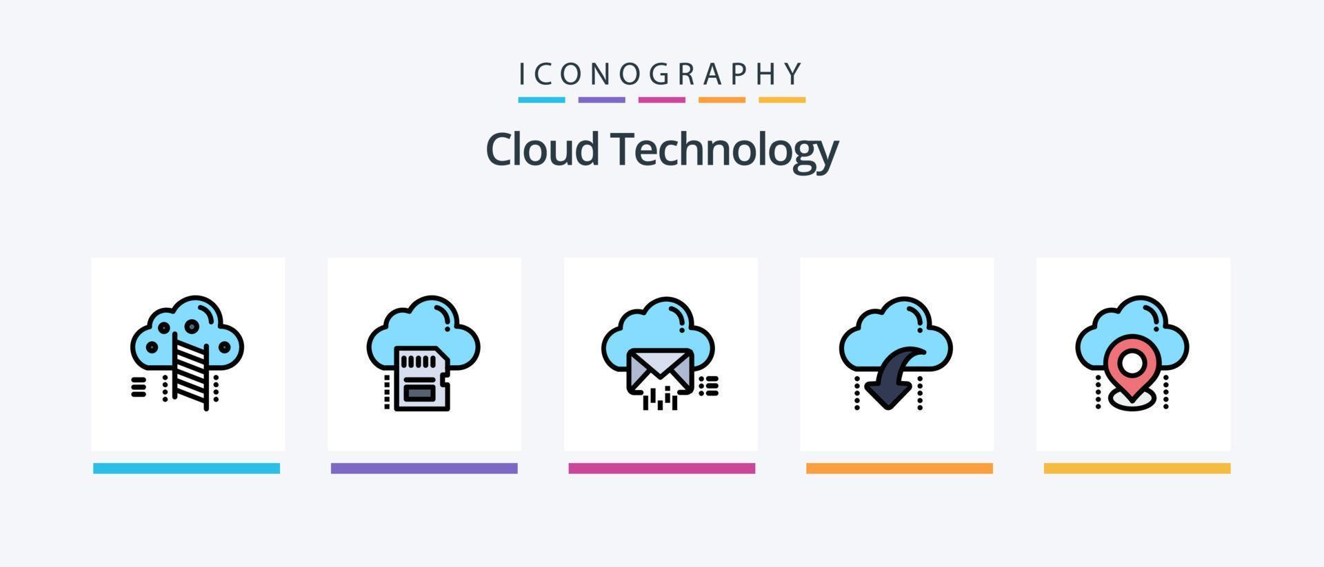 la línea de tecnología en la nube llenó el paquete de 5 iconos, incluida la red. nube. nube. datos. enlace. diseño de iconos creativos vector