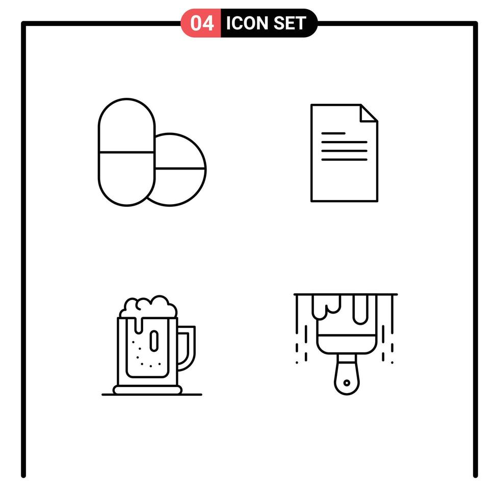 Set of 4 Modern UI Icons Symbols Signs for pills drink text alcoholparty brush Editable Vector Design Elements