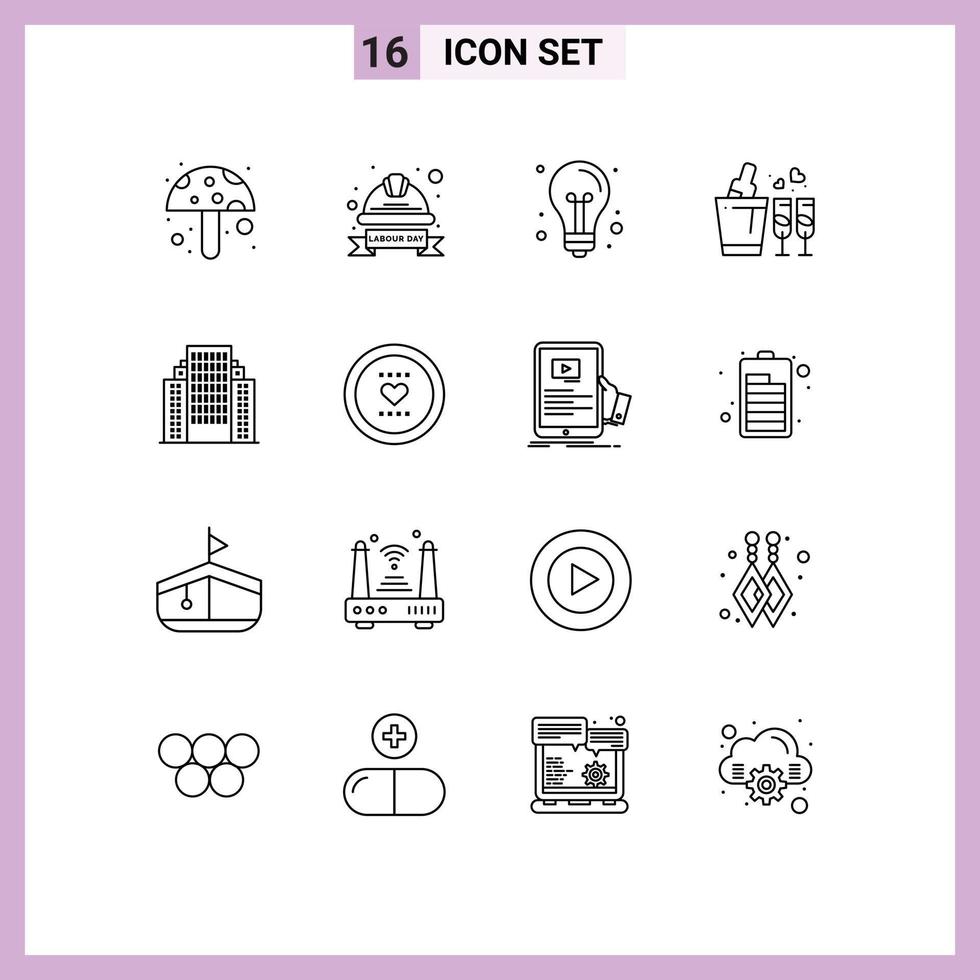 Set of 16 Modern UI Icons Symbols Signs for address love back to school glass light Editable Vector Design Elements