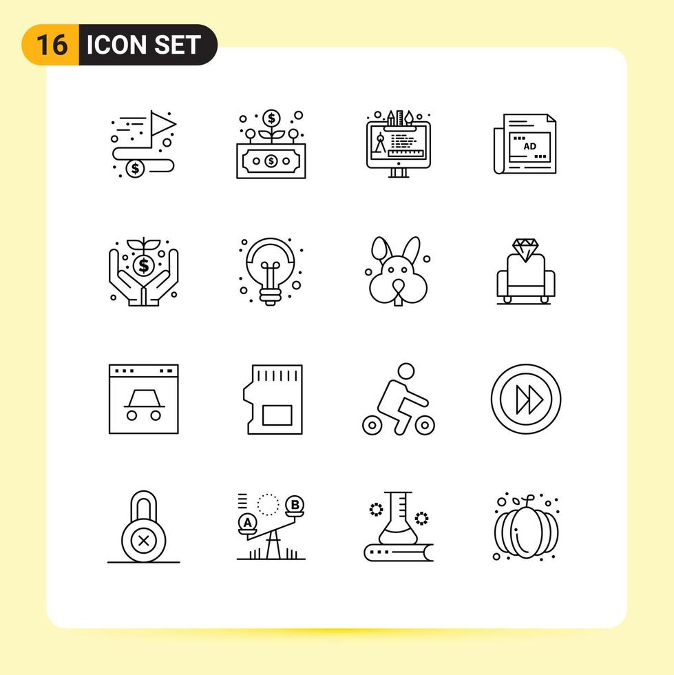 Set of 16 Modern UI Icons Symbols Signs for donation headline design paper newspaper Editable Vector Design Elements