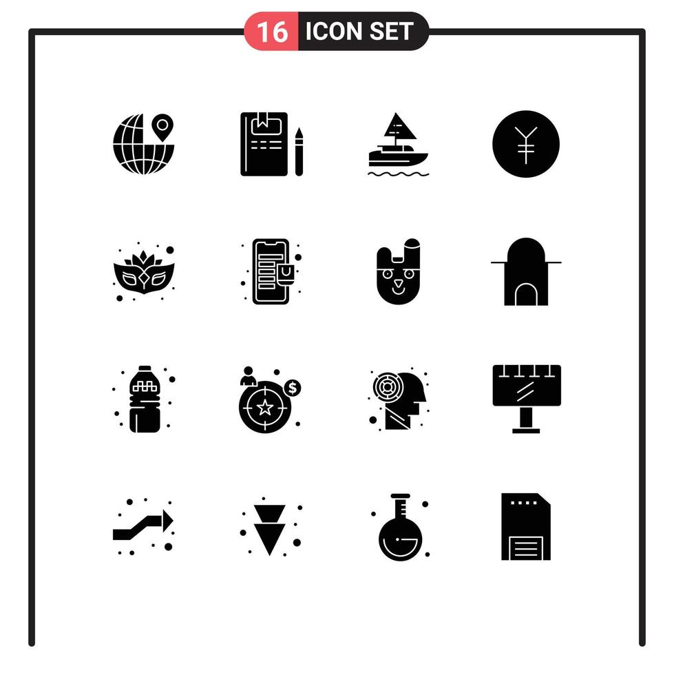 Group of 16 Modern Solid Glyphs Set for bag mask ship carnival finance Editable Vector Design Elements