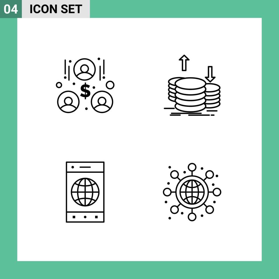 conjunto de 4 paquetes comerciales de colores planos de línea de llenado para la construcción de elementos de diseño vectorial editables del mundo dorado de monedas celulares vector