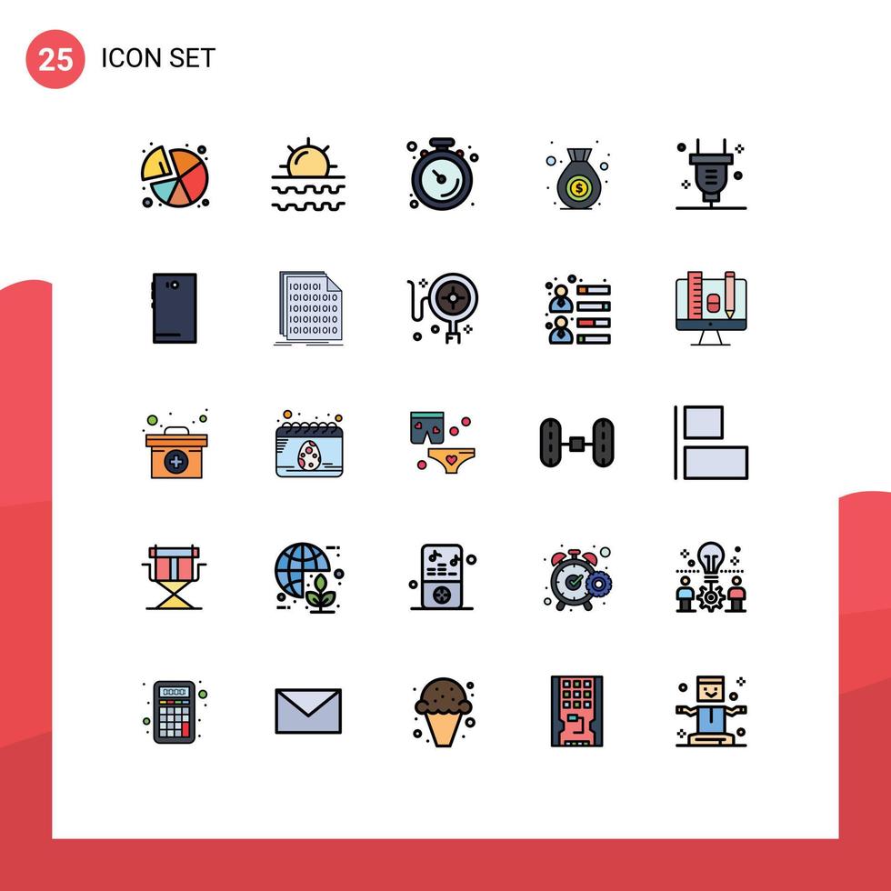 Mobile Interface Filled line Flat Color Set of 25 Pictograms of power money vacation finance stopwatch Editable Vector Design Elements