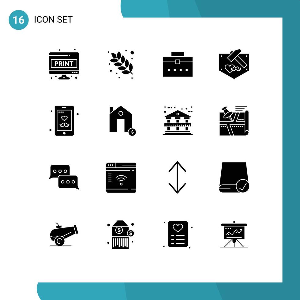 conjunto moderno de 16 pictogramas de glifos sólidos de papá martillo nutrición padres interfaz elementos de diseño vectorial editables vector