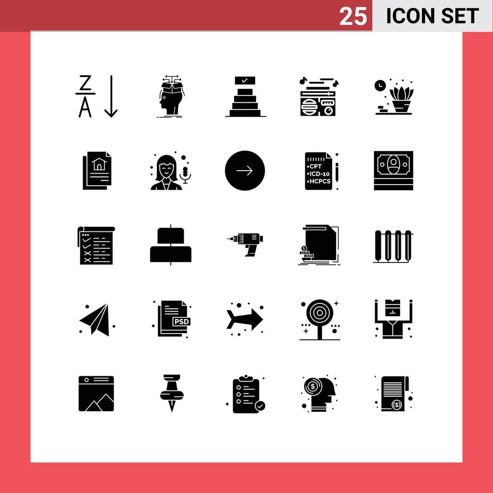25 Thematic Vector Solid Glyphs and Editable Symbols of shelf home success audio music Editable Vector Design Elements