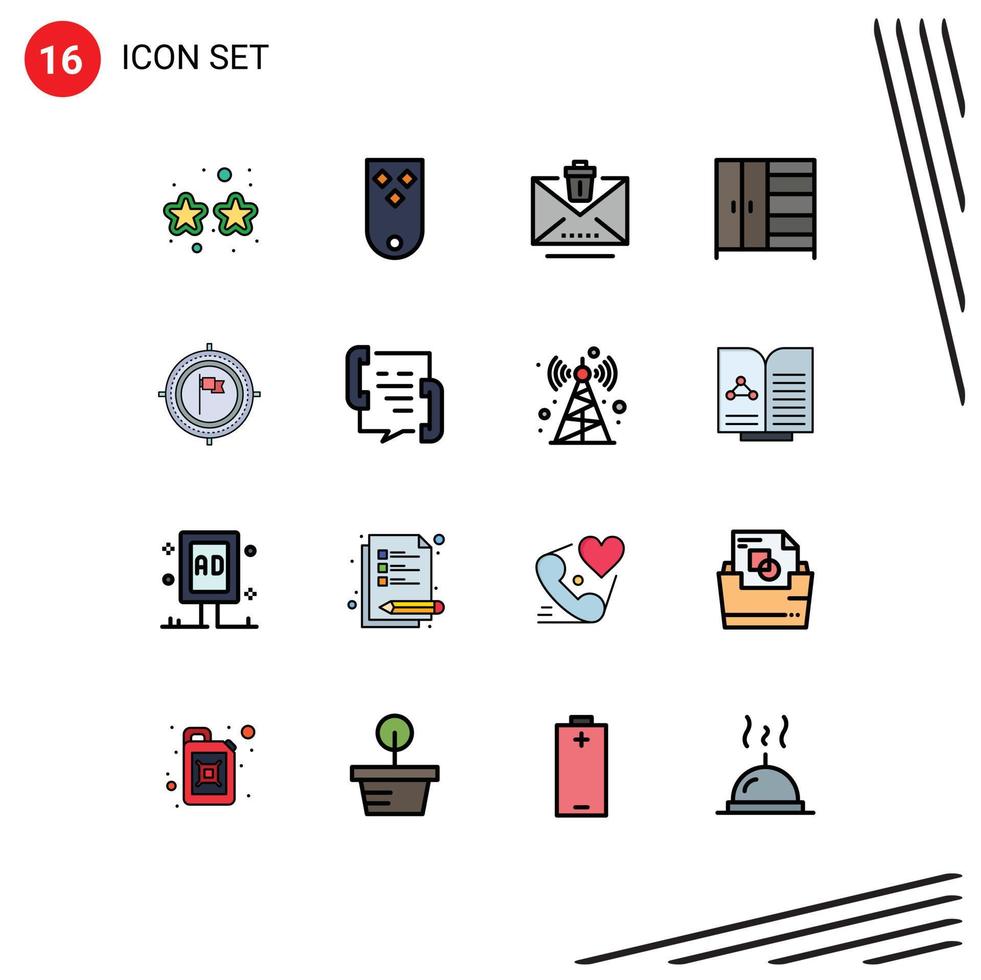 Flat Color Filled Line Pack of 16 Universal Symbols of business wardrobe three interior trash Editable Creative Vector Design Elements