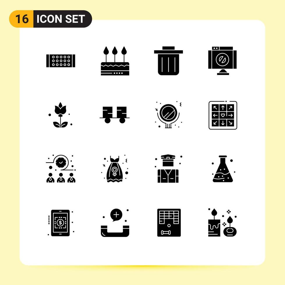 16 Universal Solid Glyph Signs Symbols of fork truck present recycling bin flowers stop Editable Vector Design Elements