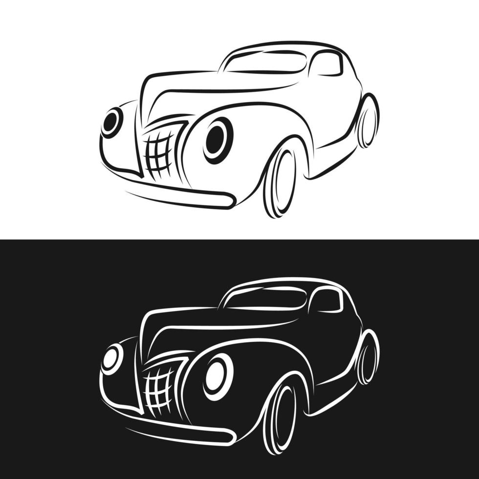 Line vector icon american auto oldtimer. Classic 1930s style. Nostalgia antique automobile. Summer travel vacation. Vintage cartoon sport car. Highway. Garage. Collection car. Illustration for design