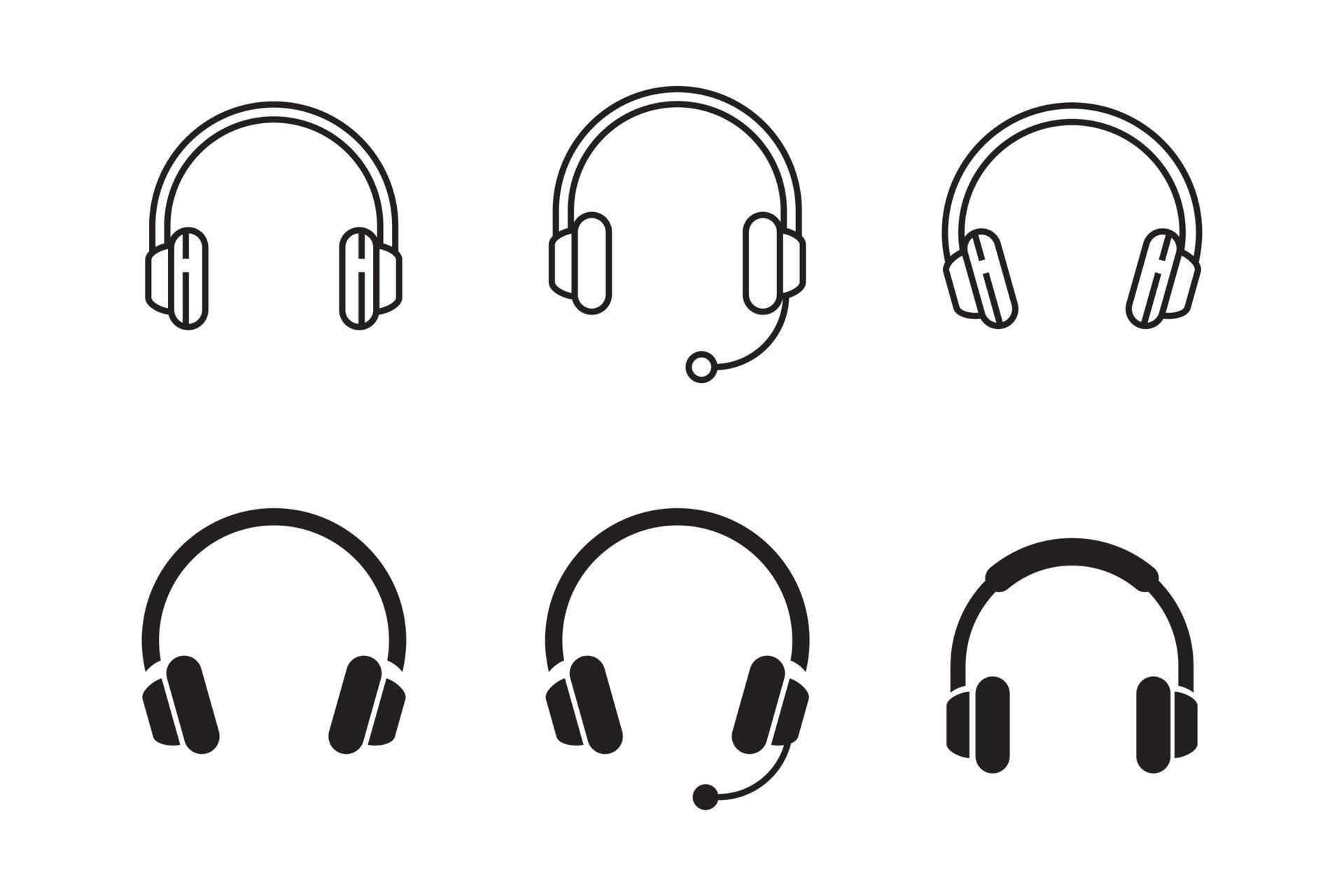 Set of headphone icons in a simple black design isolated on white