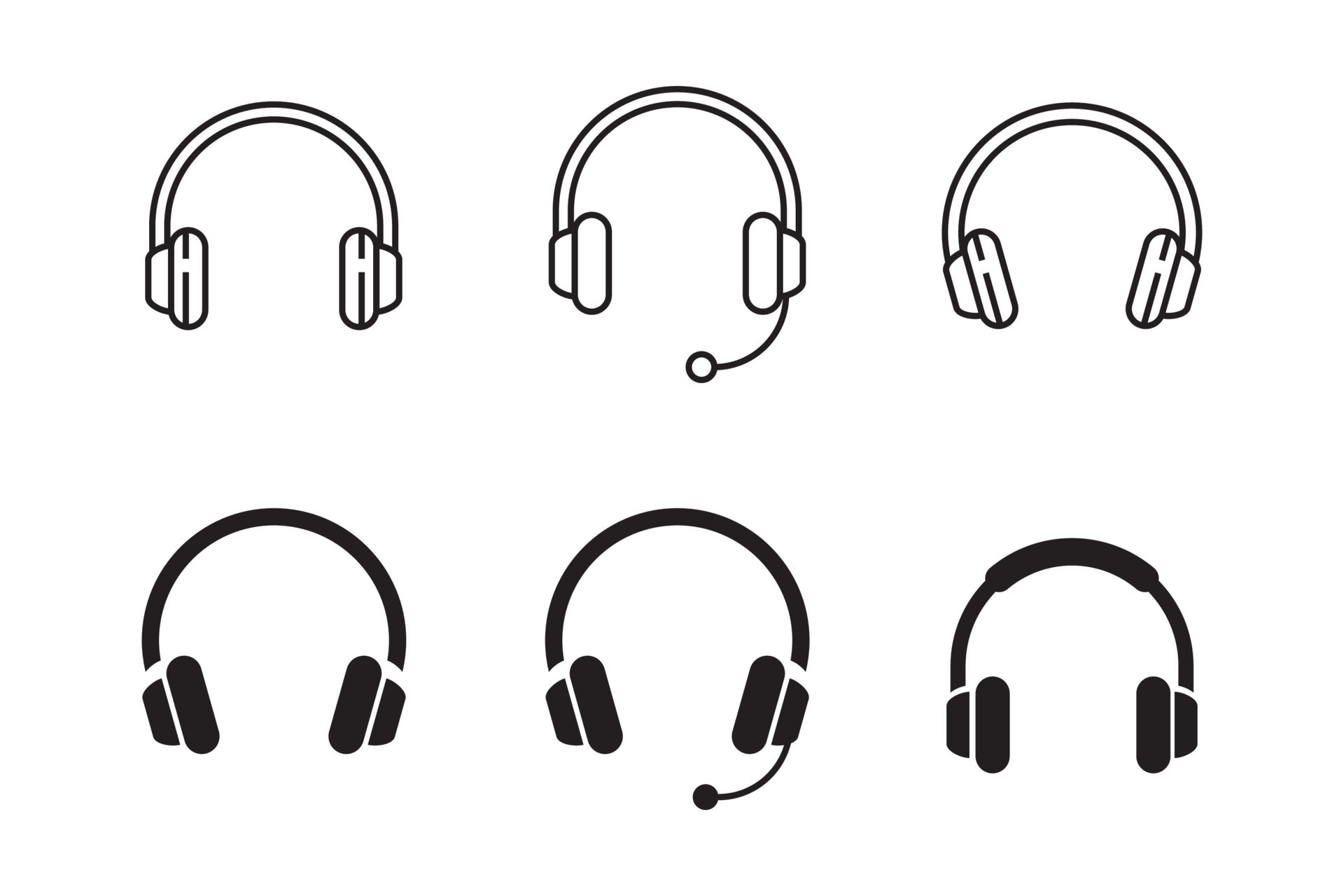 Set of headphone icons in a simple black design isolated on white