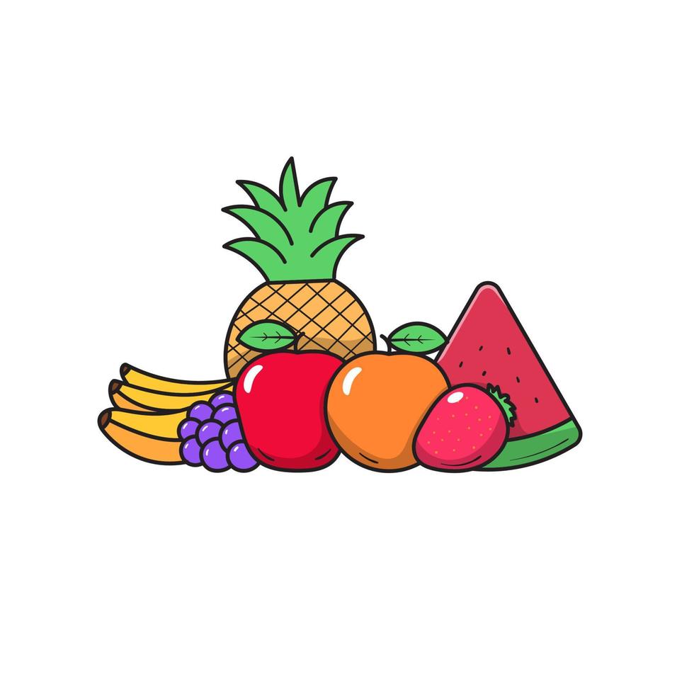 Fruits vector illustration in cute cartoon style isolated on white background