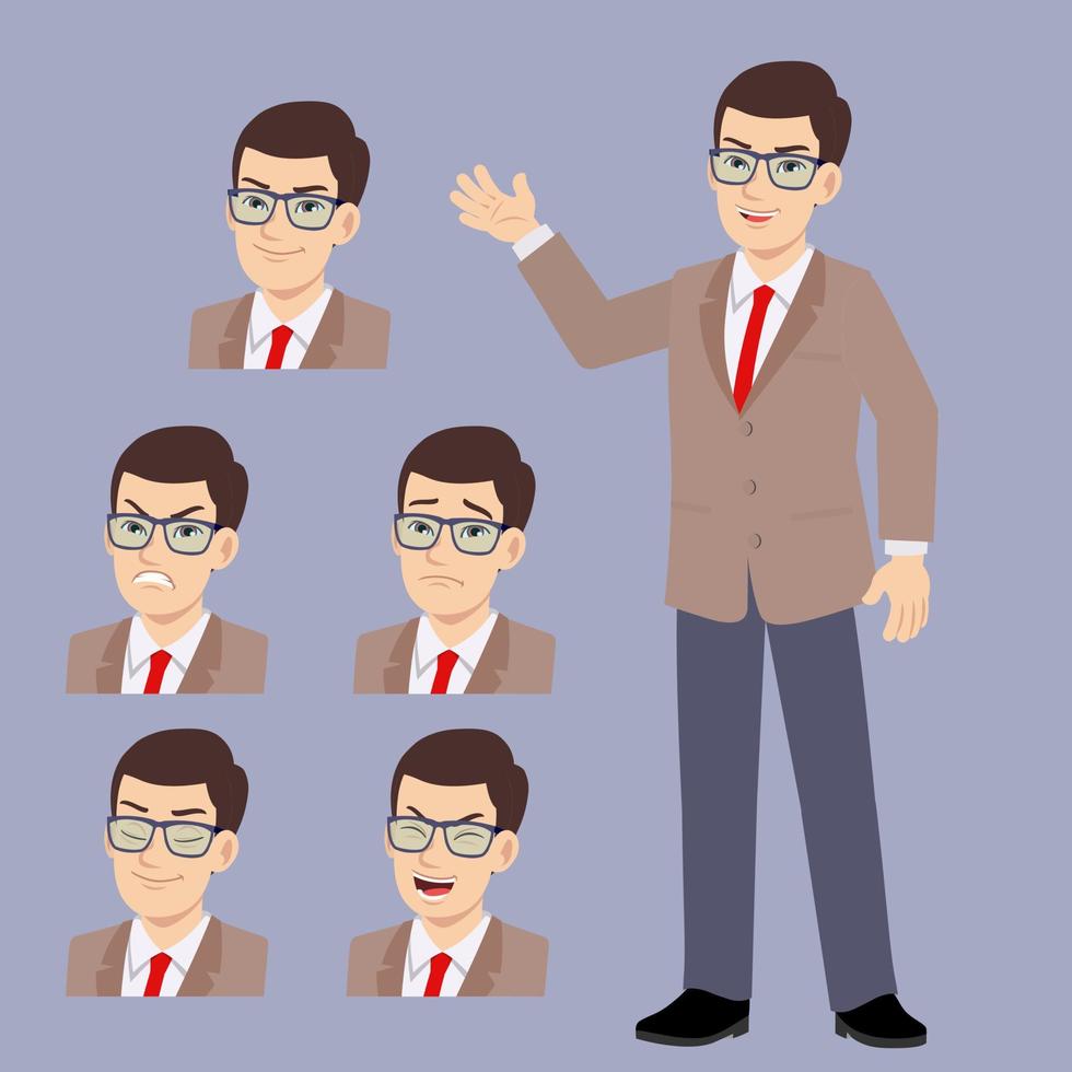 Glasses man standing waved and face expression set vector