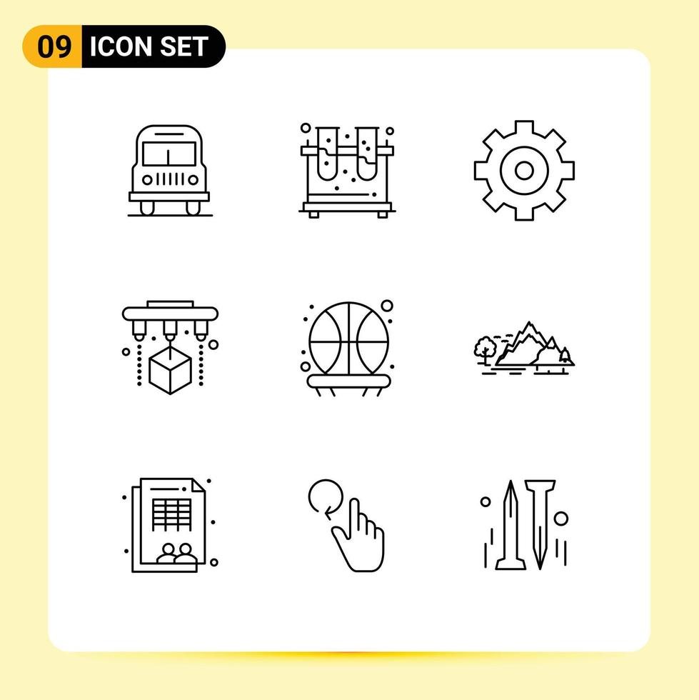 Pack of 9 Modern Outlines Signs and Symbols for Web Print Media such as landscape shot gear basketball scanner Editable Vector Design Elements