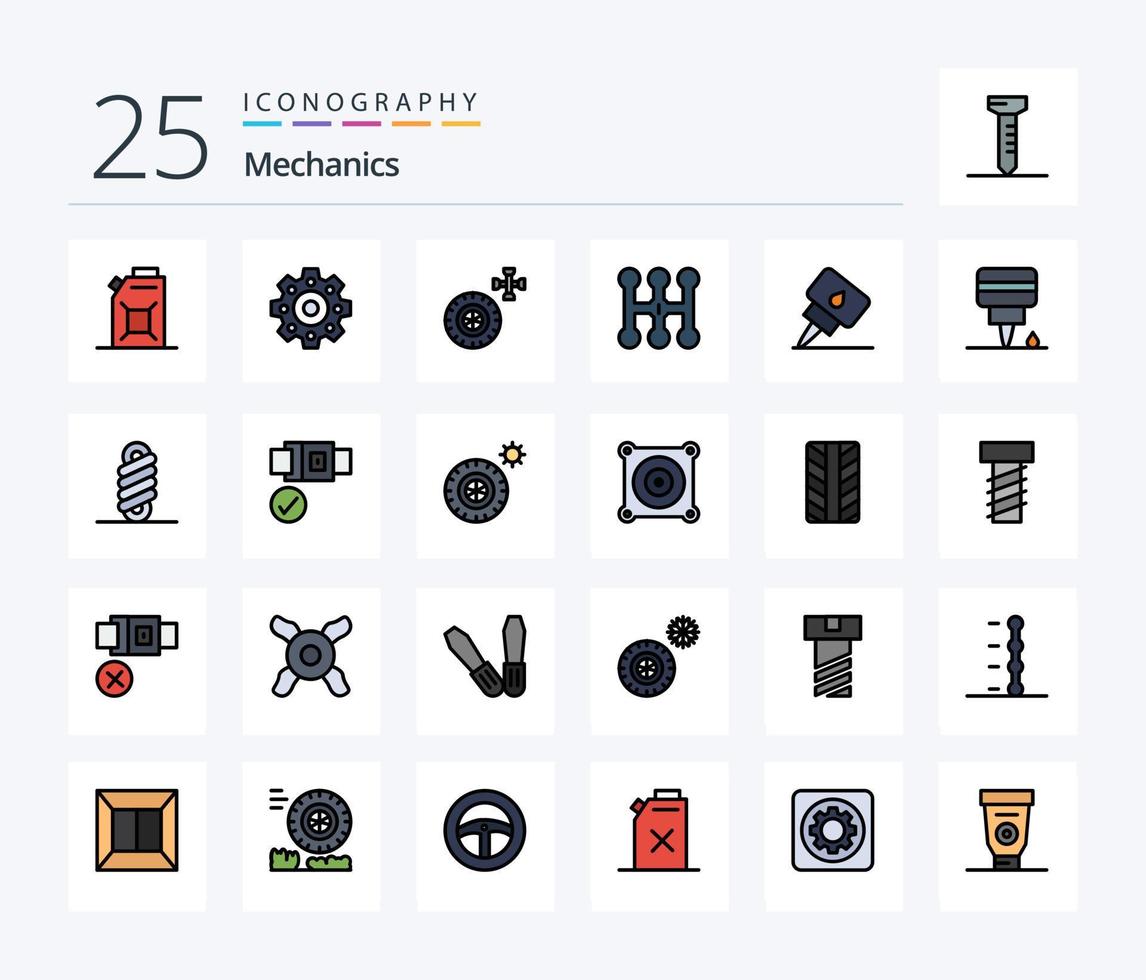 paquete de íconos llenos de 25 líneas de mecánica que incluye cinturón. primavera. auto. doble. mecánico vector