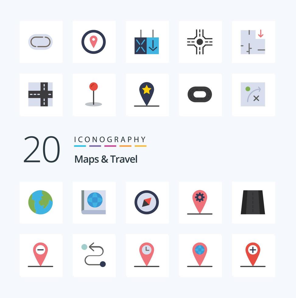 20 mapas viajan paquete de iconos de color plano como ubicación ruta perspectiva ubicación de la carretera vector
