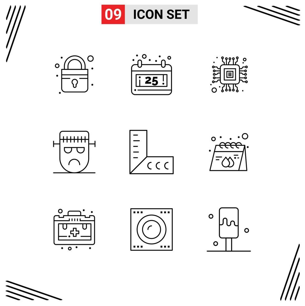 Universal Icon Symbols Group of 9 Modern Outlines of advertisement ruler micro geometry frankenstein Editable Vector Design Elements