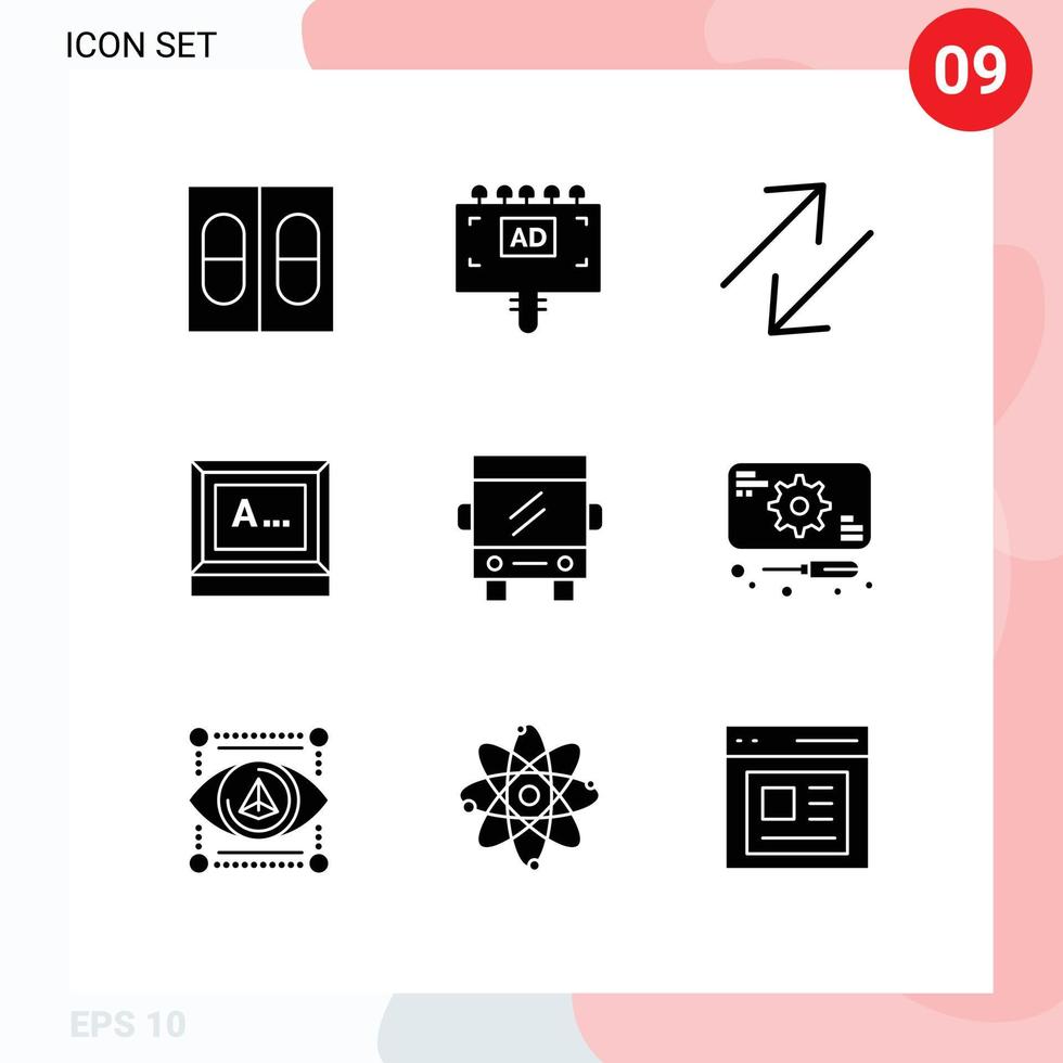 9 concepto de glifo sólido para sitios web, móviles y aplicaciones, autobús de viaje, cambio de texto de autobús, elementos de diseño vectorial editables vector