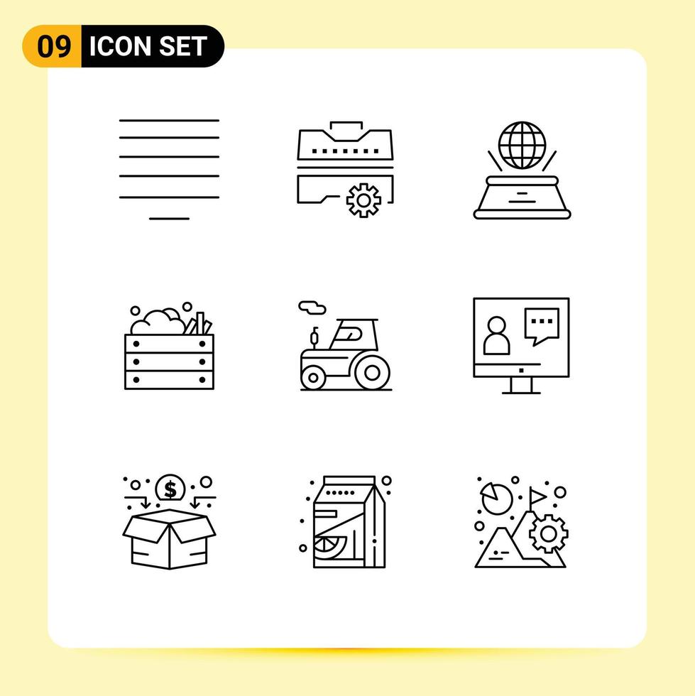 9 User Interface Outline Pack of modern Signs and Symbols of tractor vegetables hologram nature farming Editable Vector Design Elements