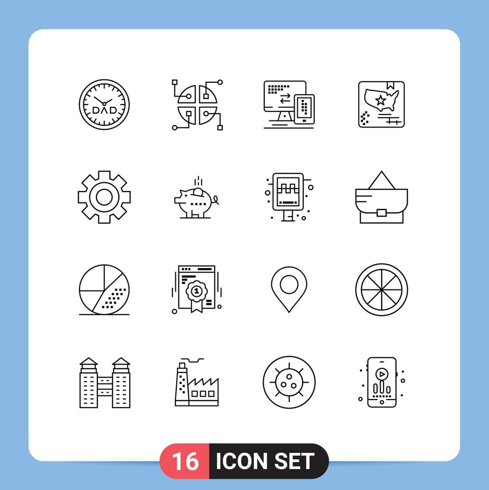 16 Universal Outlines Set for Web and Mobile Applications setting cog monitor world flag Editable Vector Design Elements