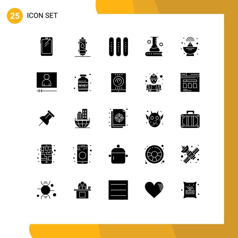 Pack of 25 Modern Solid Glyphs Signs and Symbols for Web Print Media such as science book loaf hot festival event Editable Vector Design Elements