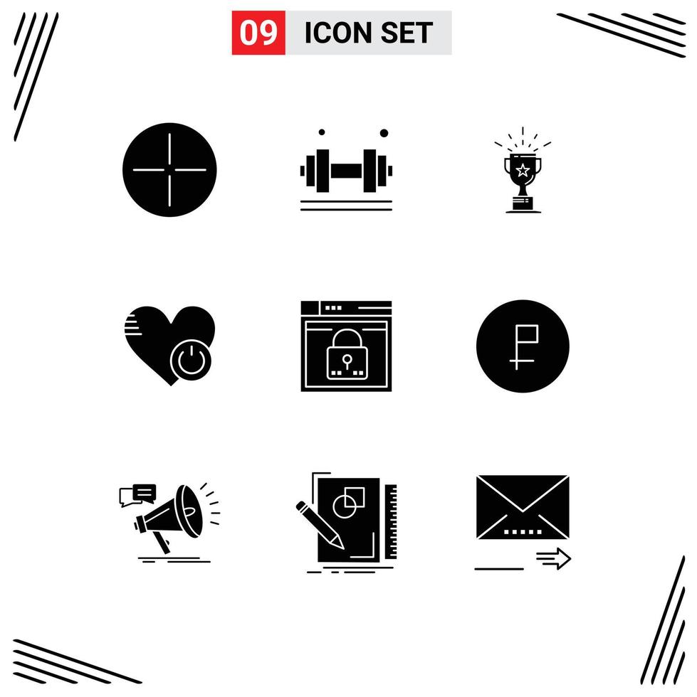 Set of 9 Vector Solid Glyphs on Grid for login heart cup switch shutdown Editable Vector Design Elements