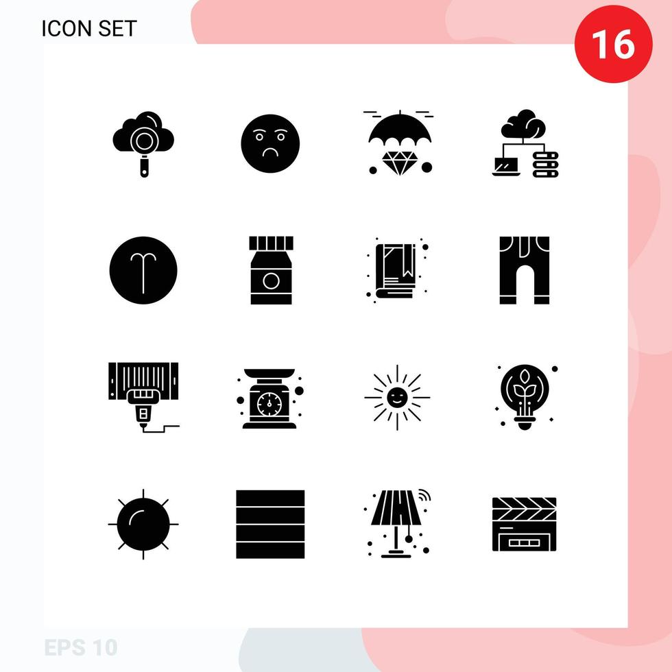 16 Solid Glyph concept for Websites Mobile and Apps symbolism aries diamond server cloud Editable Vector Design Elements