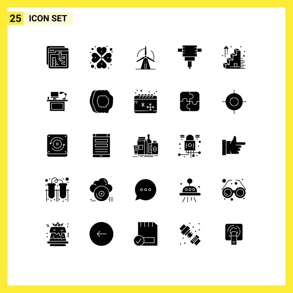 Modern Set of 25 Solid Glyphs Pictograph of computer stairs rosebud business success power Editable Vector Design Elements