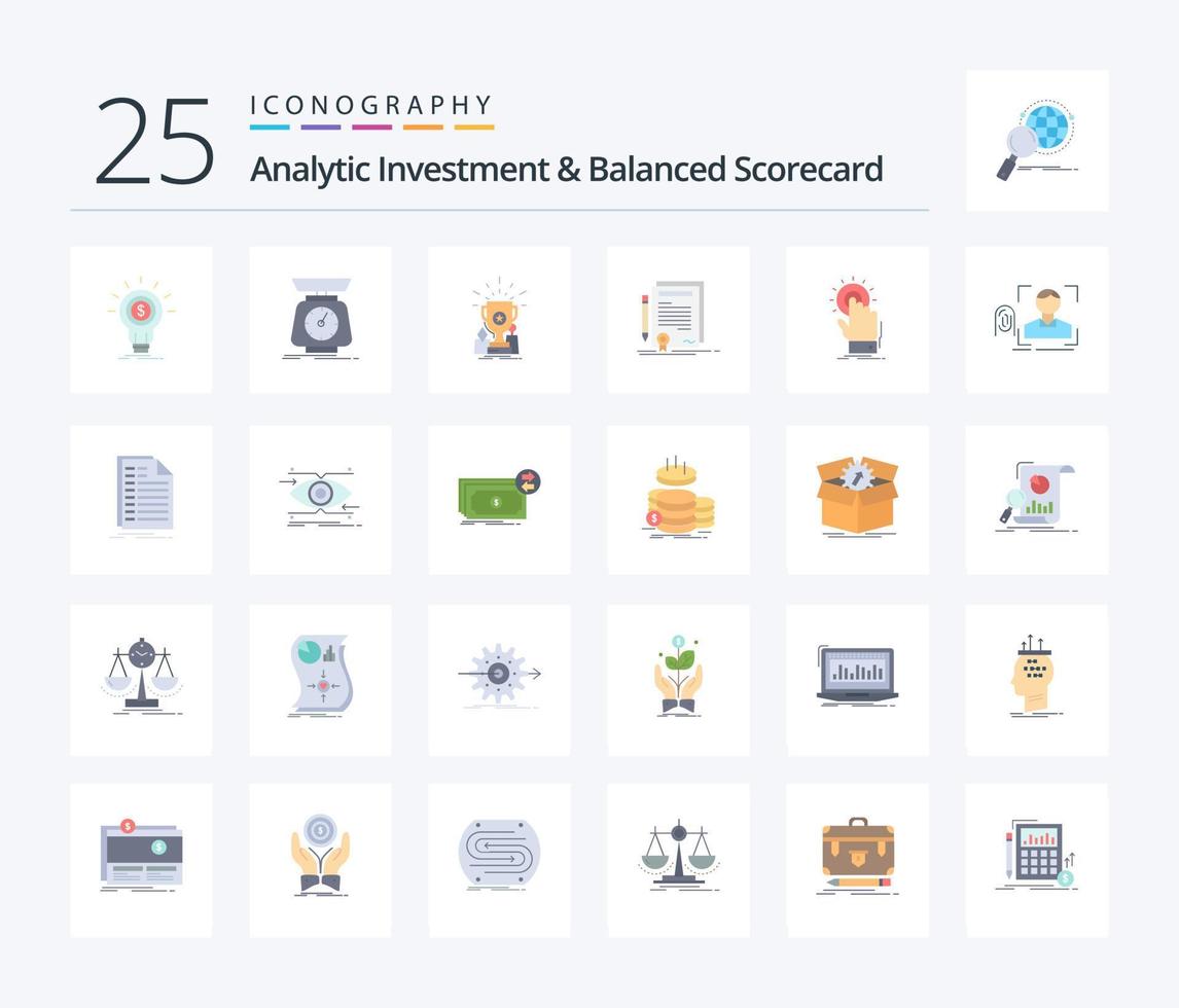 Analytic Investment And Balanced Scorecard 25 Flat Color icon pack including contract. business. scales. trophy. cup vector