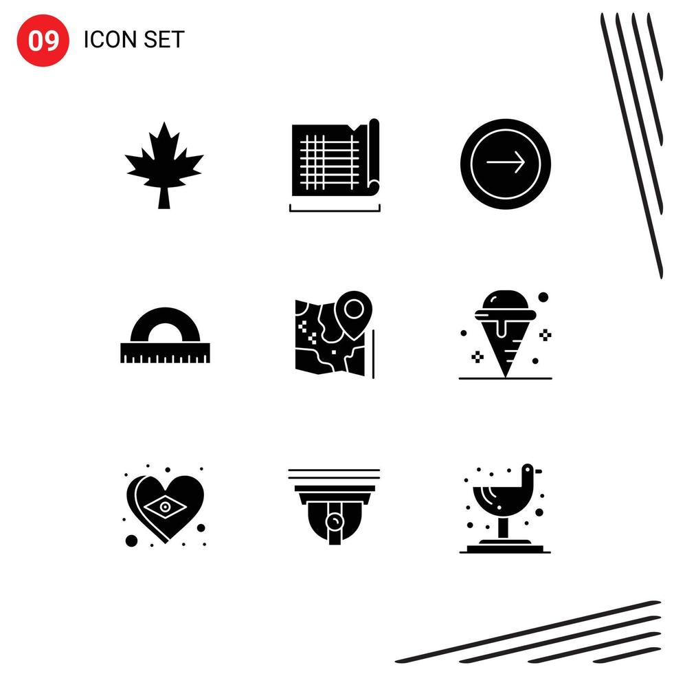 Pack of 9 creative Solid Glyphs of pin geometry basic education design Editable Vector Design Elements