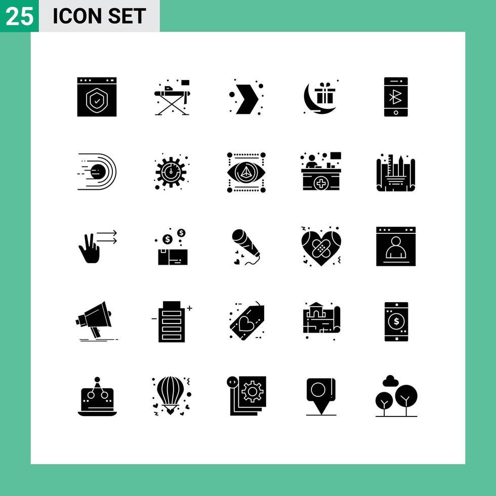 25 Universal Solid Glyphs Set for Web and Mobile Applications bluetooth festival table celebration right Editable Vector Design Elements