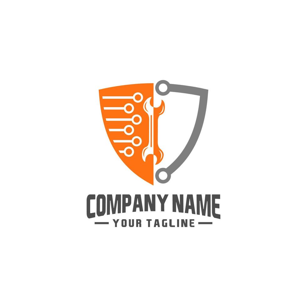 Shield repair logo design, mechanic tools in shield vector icon. Car repair service, wrench, plumber vector illustration.