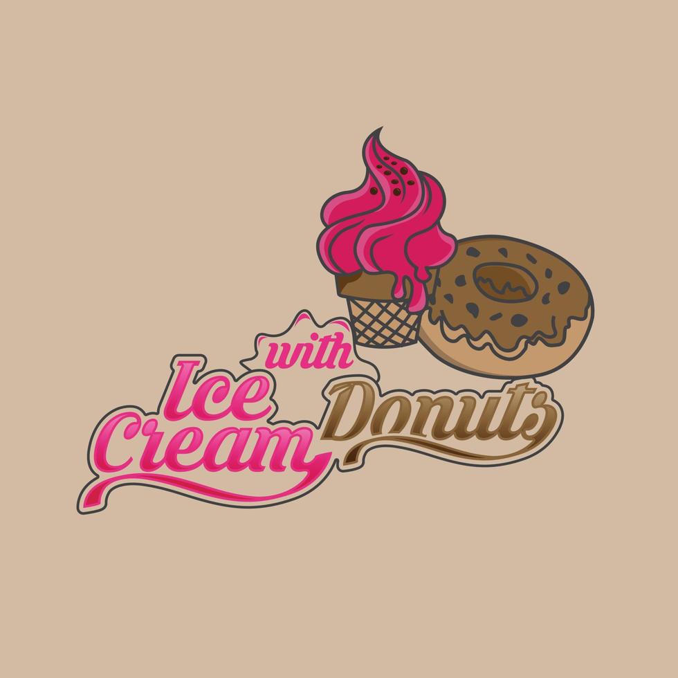 ice cream balls with donuts in the waffle cone on isolated . vector
