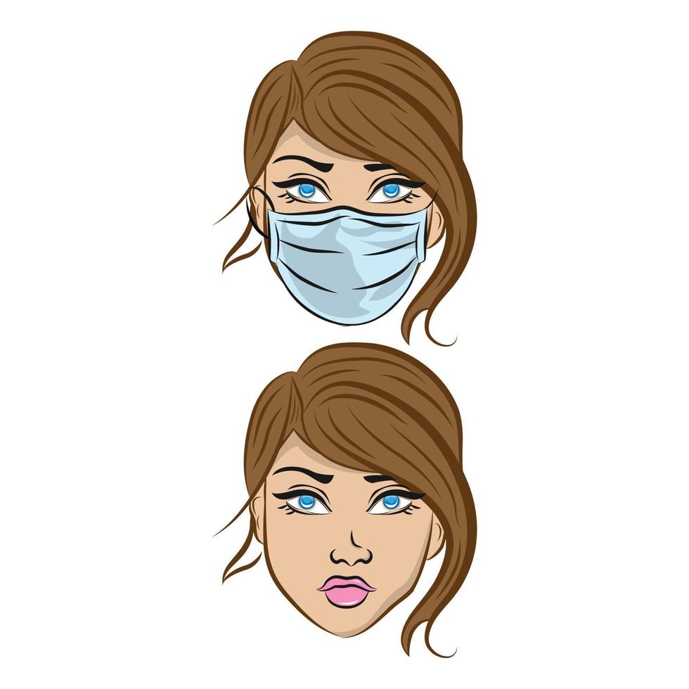 mujer sobre fondo blanco aislado. mujer enmascarada para pancarta social, promoción de la higiene, afiche médico. logotipo de red social o estampado de tela. ilustración vectorial de stock de estilo plano. vector