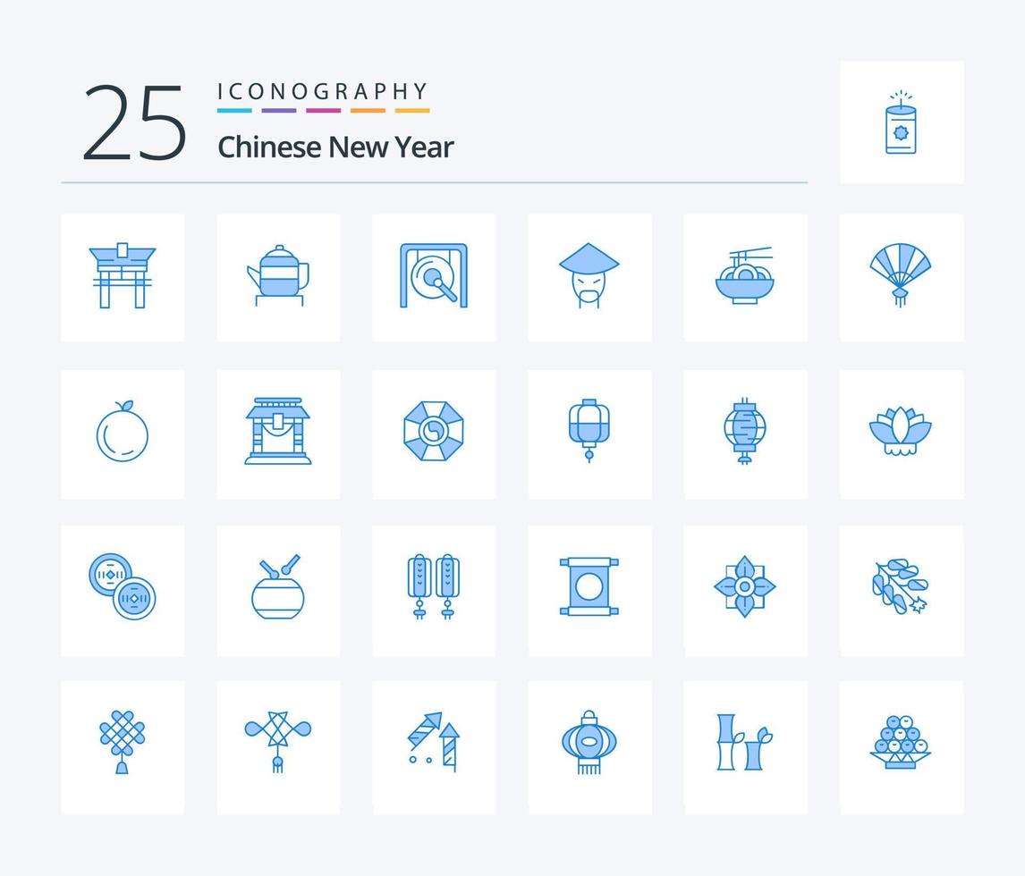 año nuevo chino 25 paquete de iconos de color azul que incluye comida. chino. gong. monje. emperador vector