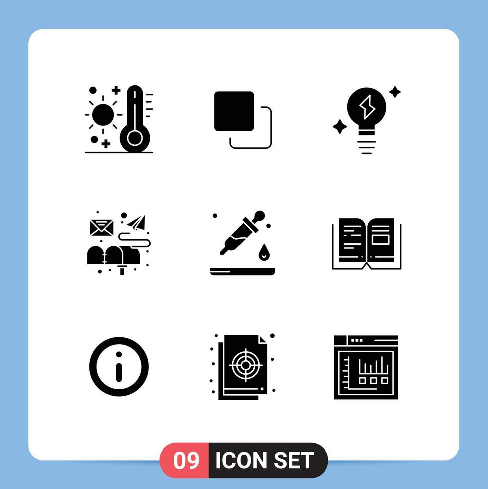 Pack of 9 Modern Solid Glyphs Signs and Symbols for Web Print Media such as dropper mail stack letter box Editable Vector Design Elements