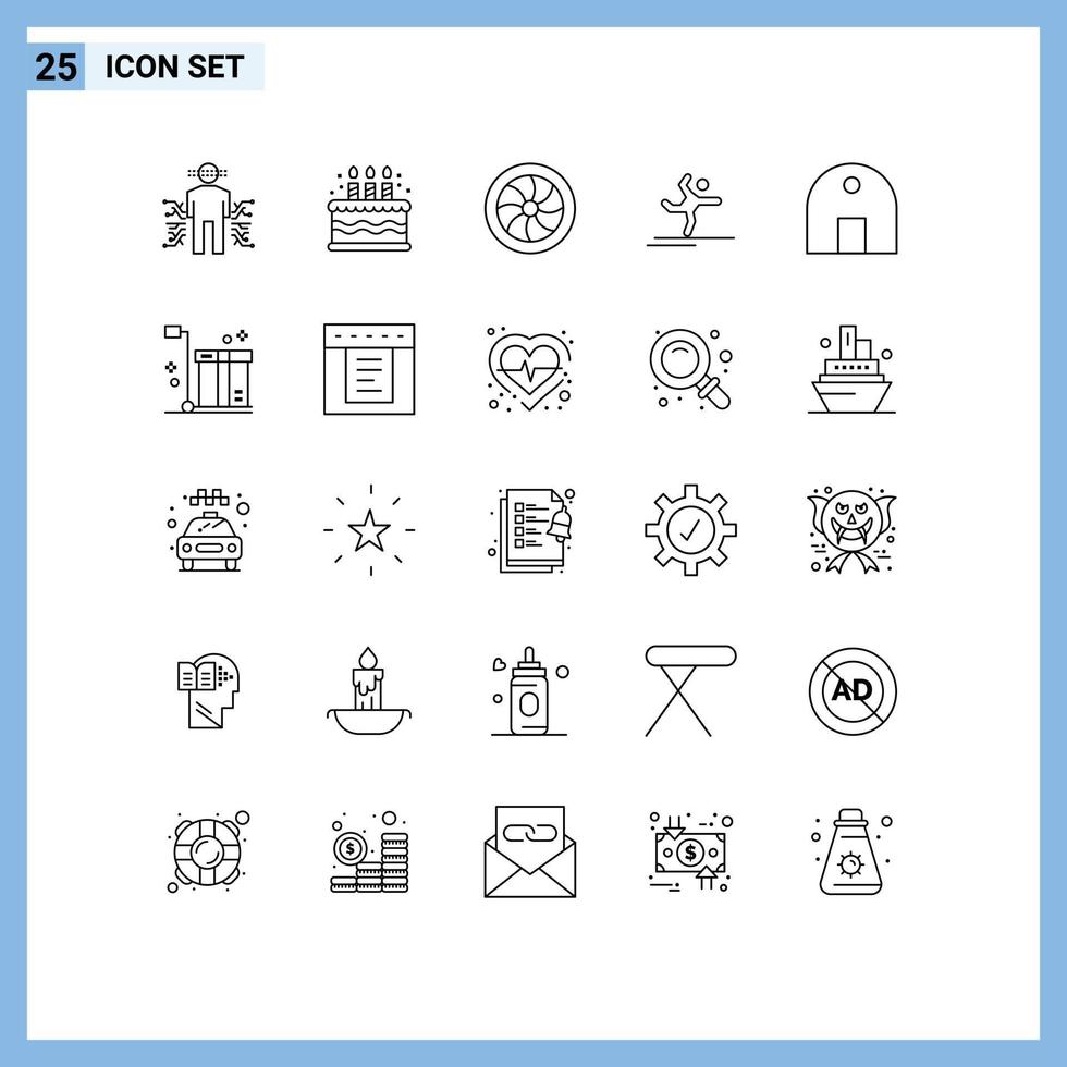 Mobile Interface Line Set of 25 Pictograms of historical building stretching car performing athlete Editable Vector Design Elements