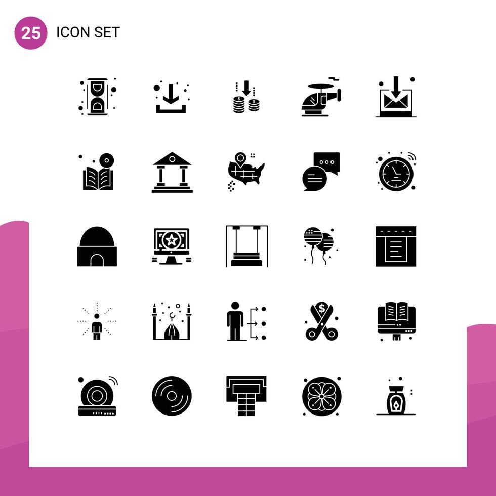Group of 25 Solid Glyphs Signs and Symbols for technology business money vehicle helicopter Editable Vector Design Elements