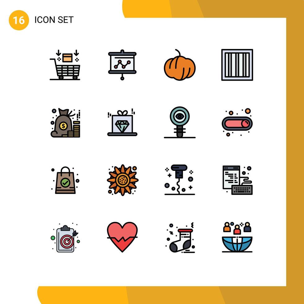 16 User Interface Flat Color Filled Line Pack of modern Signs and Symbols of money bag projector account jail Editable Creative Vector Design Elements