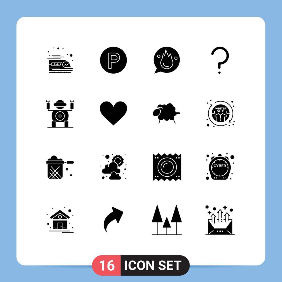 Mobile Interface Solid Glyph Set of 16 Pictograms of toy robot education mark question Editable Vector Design Elements