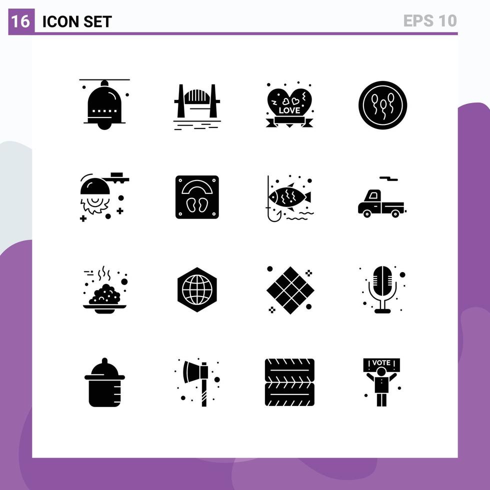 Set of 16 Modern UI Icons Symbols Signs for laboratory biology harbour biochemistry love badge Editable Vector Design Elements