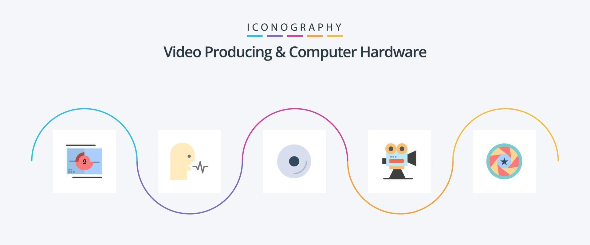 producción de video y paquete de íconos planos de hardware de computadora 5 que incluye película. captura. discurso. cámara. medios de comunicación vector