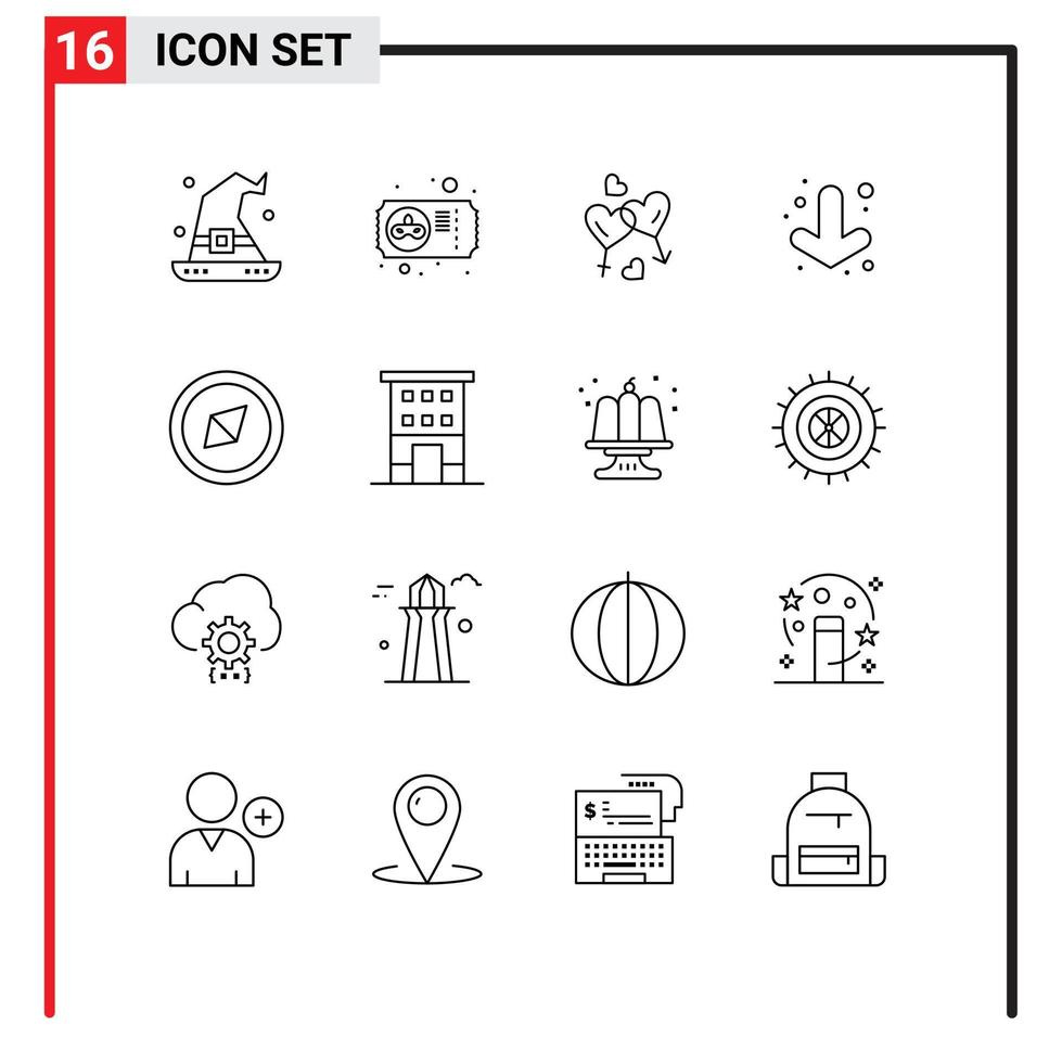 Pack of 16 Modern Outlines Signs and Symbols for Web Print Media such as orientation full heart down valentine Editable Vector Design Elements