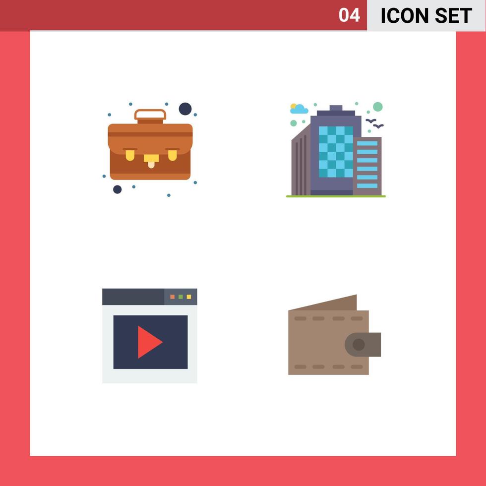 Group of 4 Flat Icons Signs and Symbols for case media page building interface beach Editable Vector Design Elements