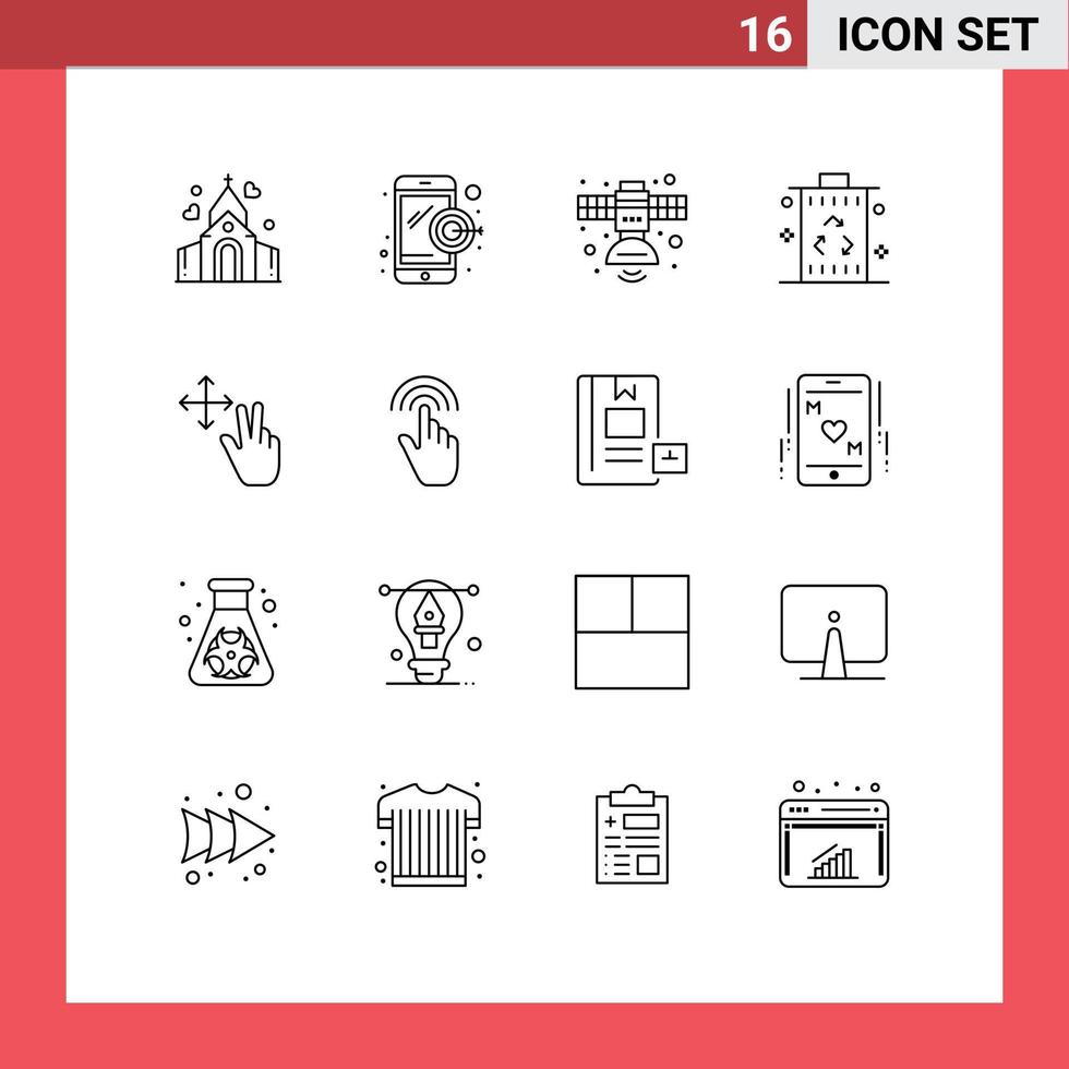 Modern Set of 16 Outlines and symbols such as finger power radio garbage bin Editable Vector Design Elements