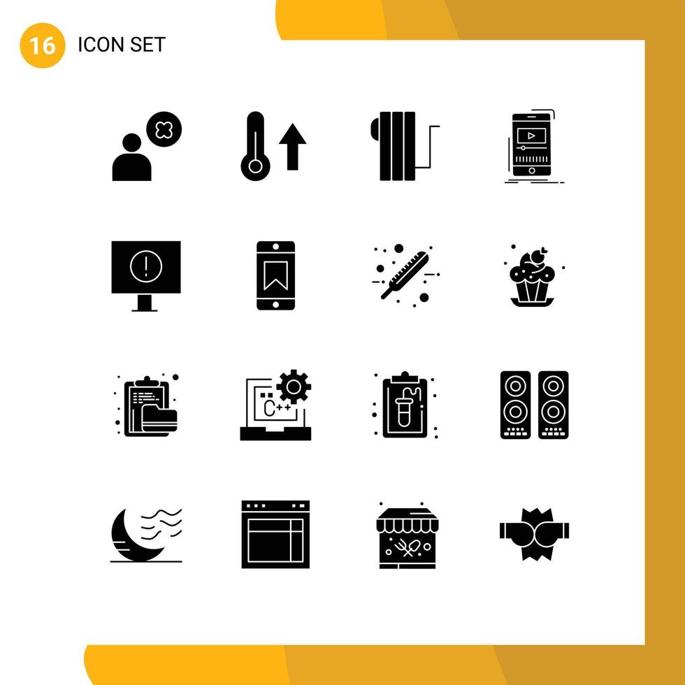 Group of 16 Solid Glyphs Signs and Symbols for mobile player weather music heater Editable Vector Design Elements