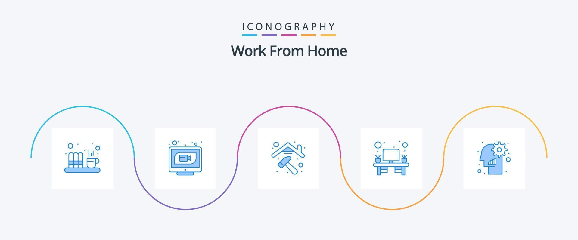 trabajar desde casa paquete de iconos azul 5 que incluye administración. mesa. web. oficina. área de trabajo en casa vector