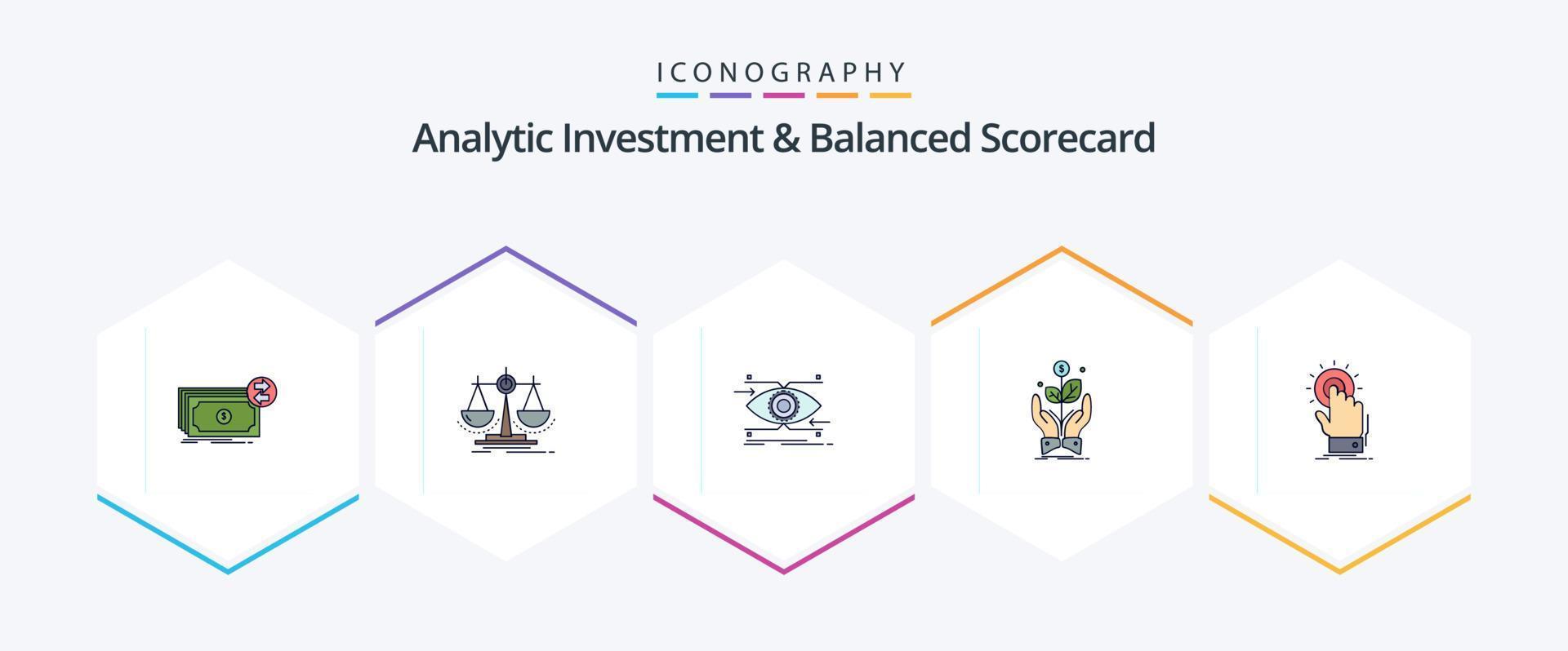 Paquete de iconos de 25 líneas completas de inversión analítica y cuadro de mando integral que incluye crecimiento. negocio. ley. visión. enfocar vector