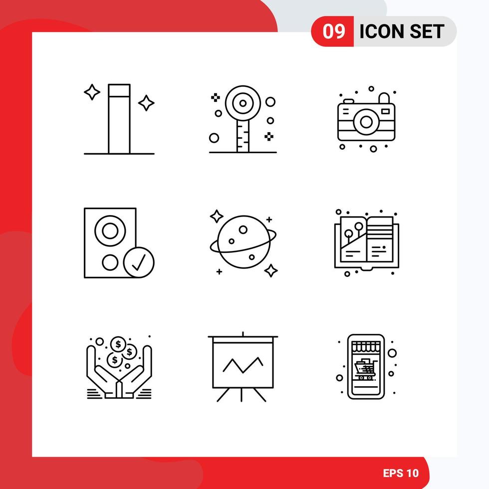 Group of 9 Modern Outlines Set for space planet image speaker gadget Editable Vector Design Elements