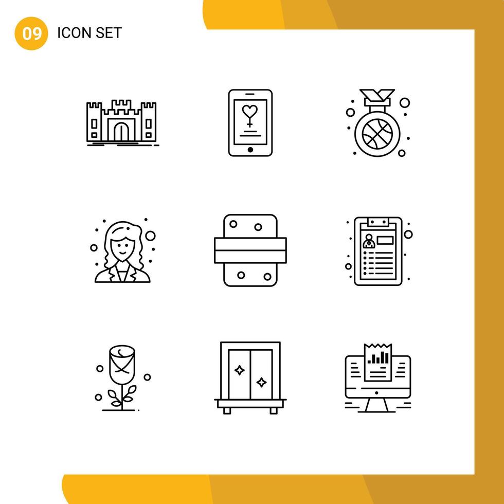 Group of 9 Modern Outlines Set for breakfast researcher lover mathematician position Editable Vector Design Elements