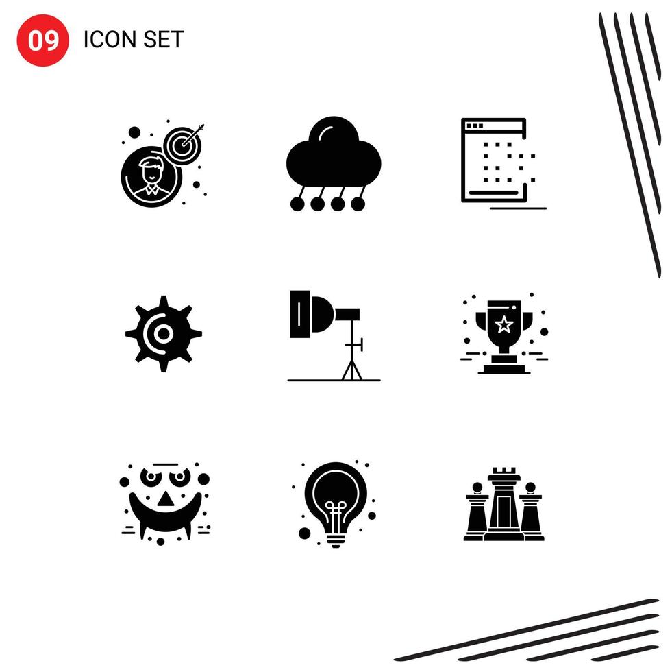 9 Universal Solid Glyph Signs Symbols of teeth gear weather wheel dot Editable Vector Design Elements